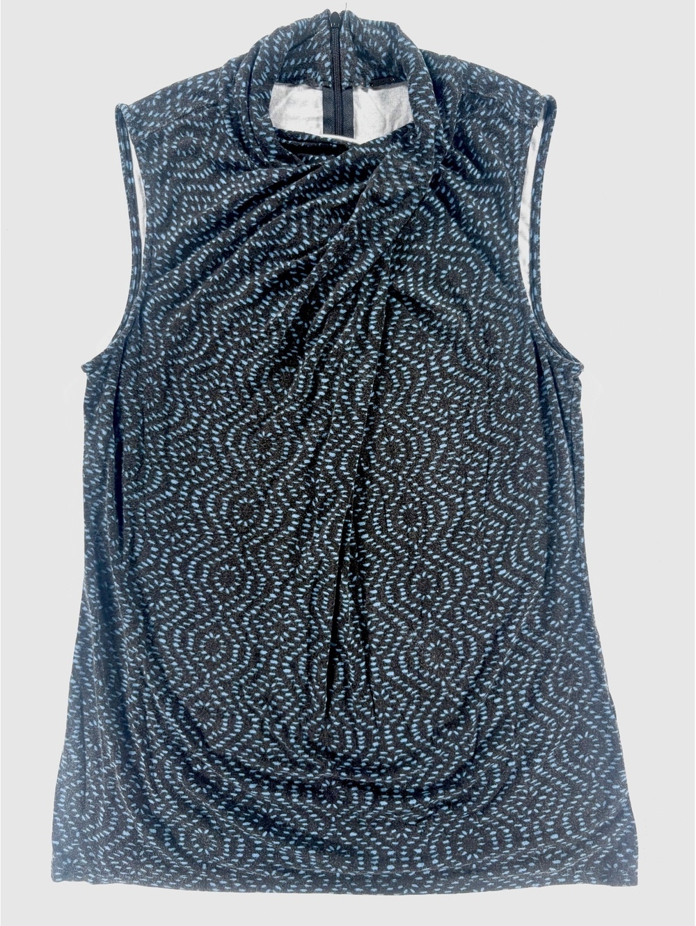 Elie Tahari Black Blue Print Sleeveless Mock Neck Twist Top Size S/M